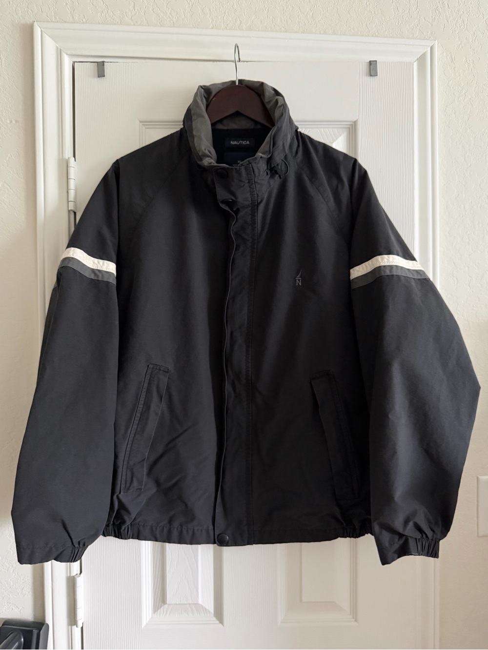 Nautica Men's Black Full Zip Jacket, Striped Sleeve, Logo Accent, Size XL